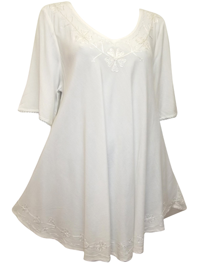 eaonplus IVORY Embroidered Trim Curved Hem Blouse - Plus Size 18 to 32