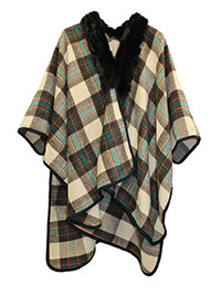 GREEN Faux Fur Collar Wool Blend Checked Poncho - Onesize Fits 14-16-18-20