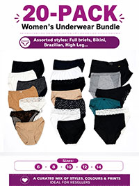 20-PACK Assorted Plain, Printed, Cotton, Lace, Microfibre Knickers - Size 6 to 14