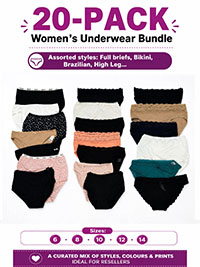 20-PACK Assorted Plain, Printed, Cotton, Lace, Microfibre Knickers - Size 6 to 14