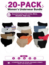 20-PACK Assorted Plain, Printed, Cotton, Lace, Microfibre Knickers - Size 6 to 14