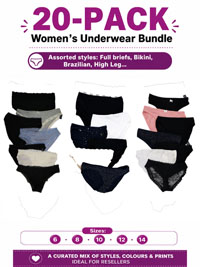 20-PACK Assorted Plain, Printed, Cotton, Lace, Microfibre Knickers - Size 6 to 14