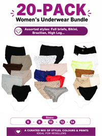 20-PACK Assorted Plain, Printed, Cotton, Lace, Microfibre Knickers - Size 6 to 14