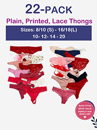 22-PACK Assorted Thongs, Plain, Printed, Lace Trimmed - Size 8/10 to 20