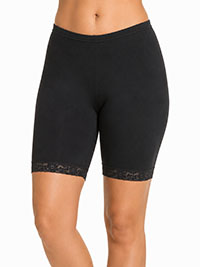 BLACK Floral Lace Trim Cotton Stretch Longline Legging Shorts - Size 10/12 to 22/24 (S to XL)