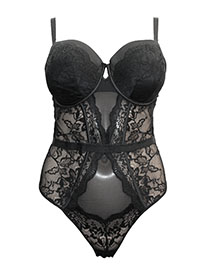 BLACK Floral Lace Underwired Bodysuit - Size 34 to 42 (D-DD-E-F)