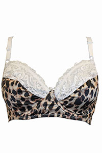 WHITE Lace Trim Wired Animal Print Satin Bra - Size 34 (D cup)