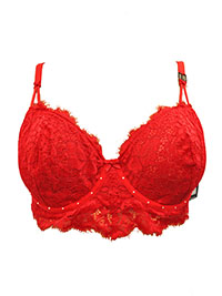 Red Katie Rhinestones Trim Underwired Demi Bra - Size 44D to 44DD