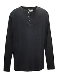 BLACK Mens Pure Cotton Henley Long Sleeve T-Shirt - Plus Size XXL to 3XL