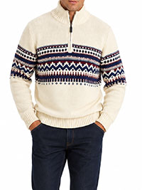 IVORY Mens Fairisle Knitted Quarter Zip Jumper - Size L to 4X