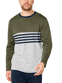 KHAKI Mens Pure Cotton Striped Panel Lounge Top - Plus Size 4XL