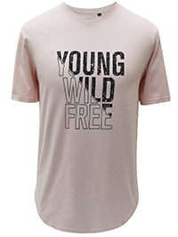 PALE-PINK Mens Combed Cotton 'Young Wild Free' Curved Hem T-Shirt - Size L to XXL