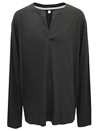 BLACK Mens Pure Cotton Notch Neck Long Sleeve Top - Size M to XL