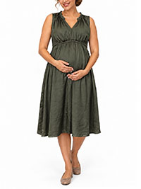 KHAKI Notched Frill Neck Tie Back Maternity Dress - Size 6/8 to 10/12 (S to M)