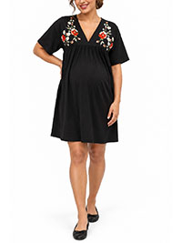 BLACK Pure Cotton Floral Embroidered Maternity Smock Dress - Size 6 to 18