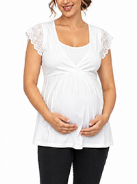 WHITE Pure Cotton Wrap Lace Sleeve Maternity Top - Size 10/12 to 18/20 (S to L)