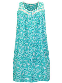 TURQUOISE Aquamarine Paisley Sleeveless Button Front Night Gown - Plus Size 20/22 to 40/42 (L to 5X)