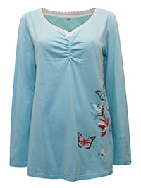 AQUA Pure Cotton Lace Trim Butterfly Loungewear Top - Plus Size 12 to 26