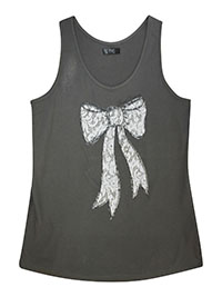 GREY Pure Cotton Embellished Bow Pyjama Vest Top - Size 12/14 to 20/22