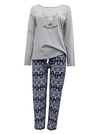 GREY/NAVY Pure Cotton Festive Christmas 'Santa Mum' Pyjama Set - Size 8/10 (S)