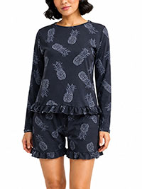 Black Pineapple Sketch Print Frill Hem PJ Short Set - Size 6 to 12