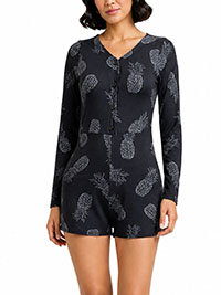 Black Pineapple Sketch Print Silky Soft PJ Romper - Size 6 to 16