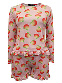 Pink Peach Print Frill Hem PJ Lounge Short Set - Size 6 to 14