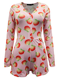 Pink Peach Print Jersey Henley Pyjama Romper - Size 6 to 16
