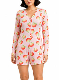 Pink Peach Print Jersey Henley Pyjama Romper - Size 6 to 16