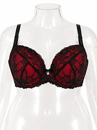 Plus Size Red Black Tonal Lace Wired Padded Plunge Bra - Size 38 to 46 (D to G Cups)