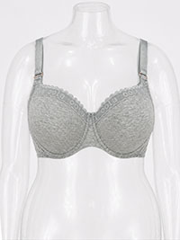Plus Size Grey Marl Logo & Lace Border Soft Cotton Moulded T-Shirt Bra - Size 38 to 44 (D to G Cups)
