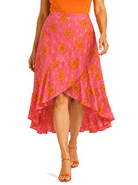 PINK Orange Print Wrap Dipped Back Skirt - Size 16 to 22
