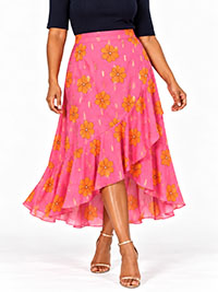 PINK Orange Print Mock Wrap Frill Dipped Back Skirt - Size 16 to 22
