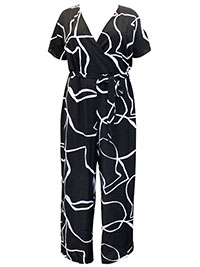 BLACK Printed Wrap Belted Jumpsuit - Plus Size 18 to 32