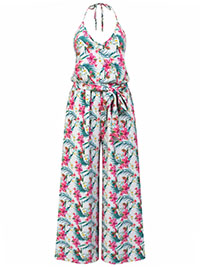 AQUA Hibiscus Print Halterneck Belted Jumpsuit - Size 12/14 to 20/22
