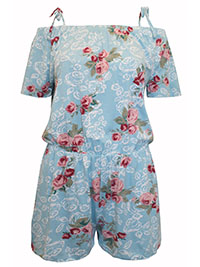 BLUE Floral Print Tie Strap Beach Playsuit - Size 6/8 to 22/24 (XS to XL)