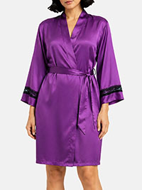 Magenta Short Contrast Lace Satin Robe - Size 10 to 14