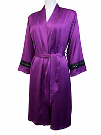 Magenta Short Contrast Lace Satin Robe - Size 10 to 14