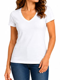 WHITE Cotton Rich Short Sleeve V-Neck Fitted Top - Size 8 to 24