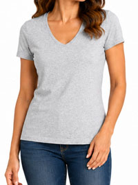 GREY Cotton Rich Short Sleeve V-Neck Fitted Top - Size 10 to 24