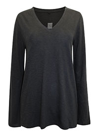 BLACK Cotton Rich V-Neck Long Sleeve T-Shirt - Size 6 to 20