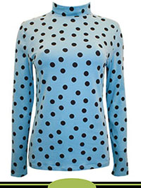 BLUE Polka Dot Funnel Neck Fitted Cotton Stretch Top - Size 6 to 24
