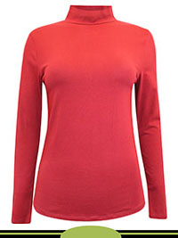 DEEP-RED Funnel Neck Cotton Stretch Long Sleeve Top - Size 8 to 24