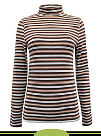 BROWN Funnel Neck Cotton Rich Striped Slim Fit Top - Size 6 to 8 BROWN Funnel Neck Cotton Rich Striped Slim Fit Top - Size 6 to 8