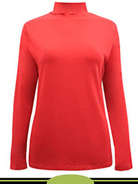RED Funnel Neck Cotton Stretch Long Sleeve Fitted Top - Size 6 to 22