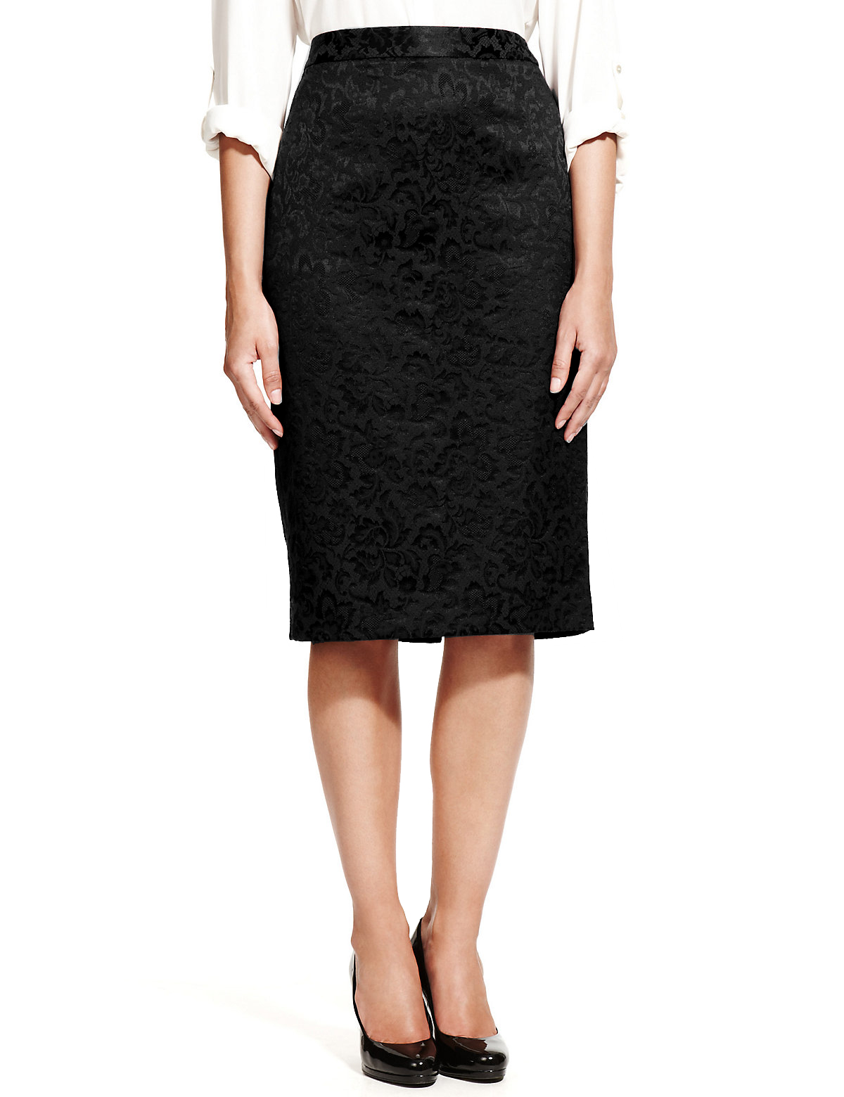 Marks and Spencer - - M&5 Black Jacquard Floral Lace Pencil Skirt ...