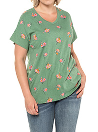 ULLAP MOSS-GREEN Embroidered Floral V-Neck Oversized Fit Cotton Tee - Plus Size 20/22 to 32/34