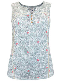 Mantaray IVORY Pure Cotton Floral Print Button Through Top - Size 14 to 22