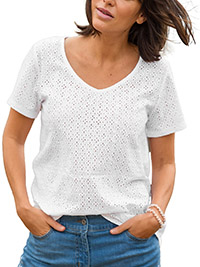 WHITE Pure Cotton Broderie Front Top - Plus Size 20 to 26 (EU 48 to 54)