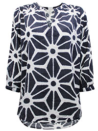 WHITE Pure Cotton Printed Notch Neck Top - Plus Size 14 to 28